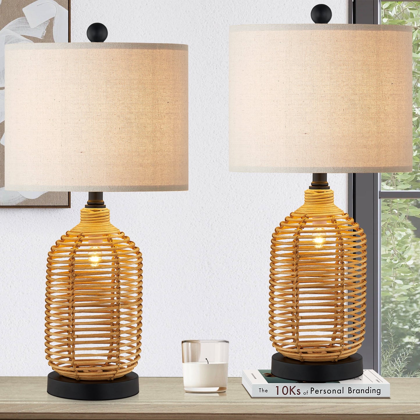 Cinkeda Table Lamp Nightlight 2in1 Brown Rattan 4-Way Switch(Set of 2)