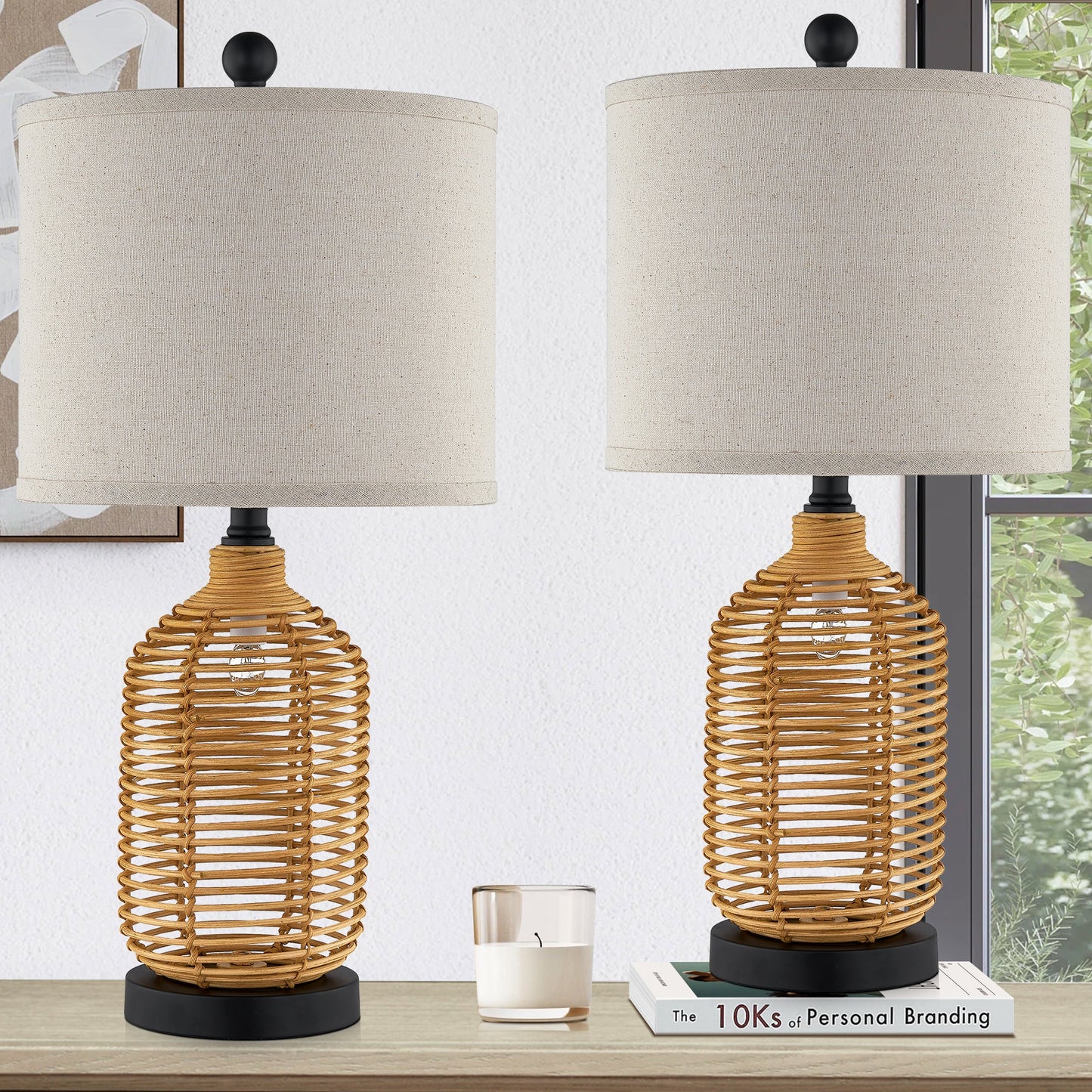 Cinkeda Table Lamp Nightlight 2in1 Brown Rattan 4-Way Switch(Set of 2)