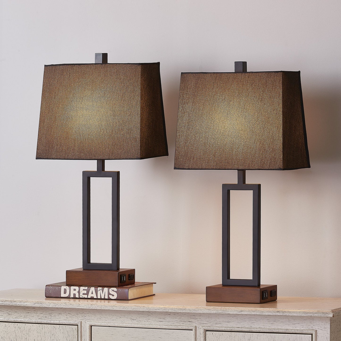 Cinkeda Table Lamp Metal Black AC Outlet USB Ports (Set of 2)