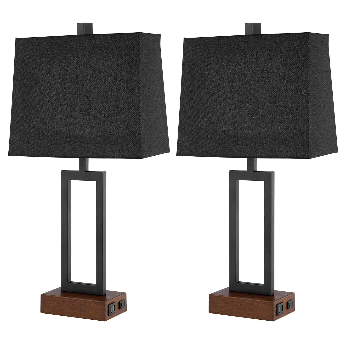 Cinkeda Table Lamp Metal Black AC Outlet USB Ports (Set of 2)