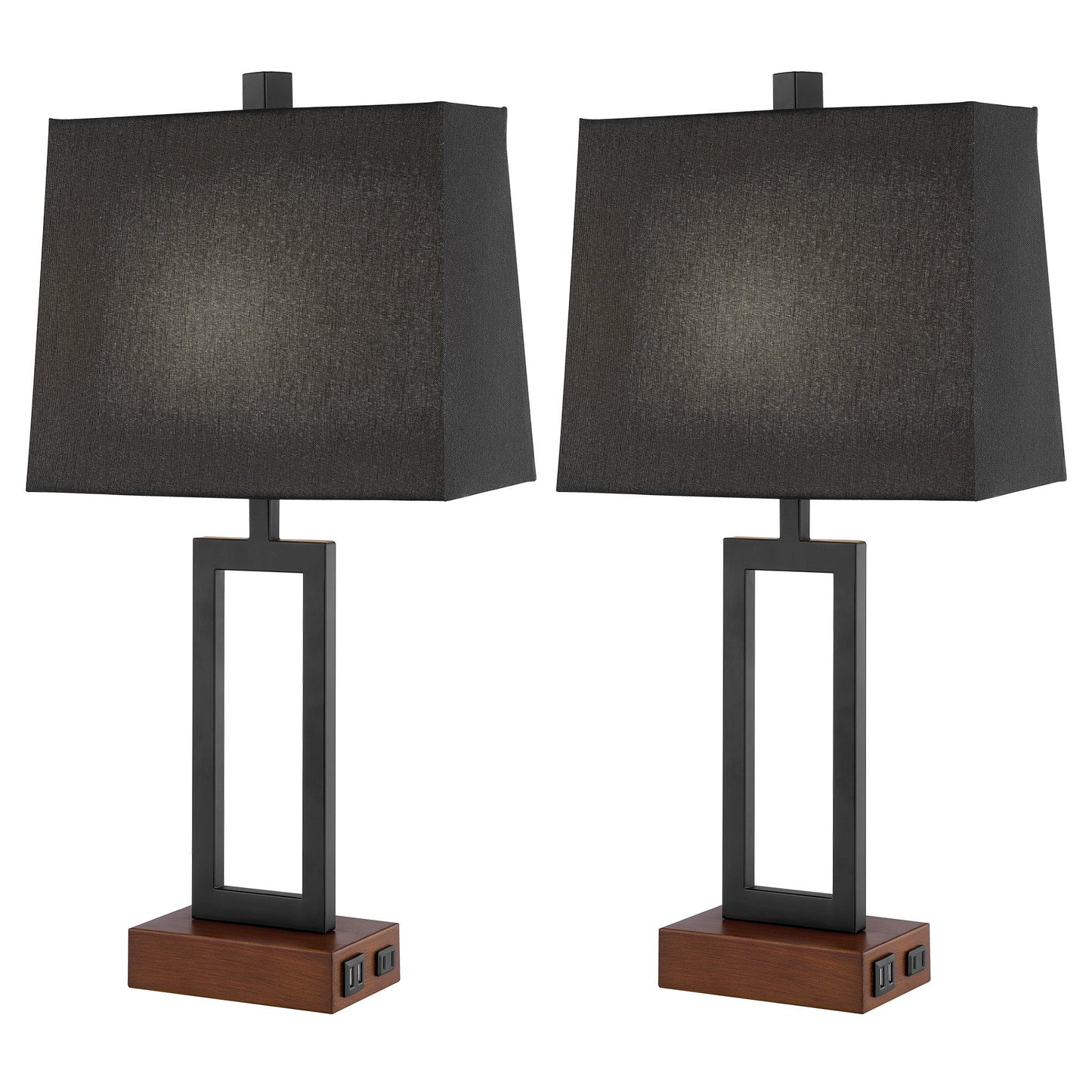 Cinkeda Table Lamp Metal Black AC Outlet USB Ports (Set of 2)