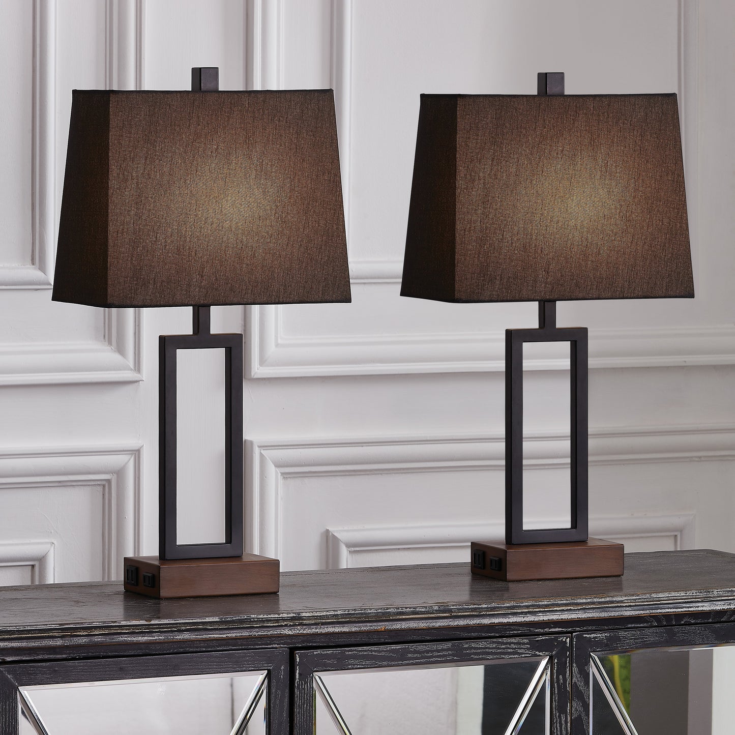 Cinkeda Table Lamp Metal Black AC Outlet USB Ports (Set of 2)