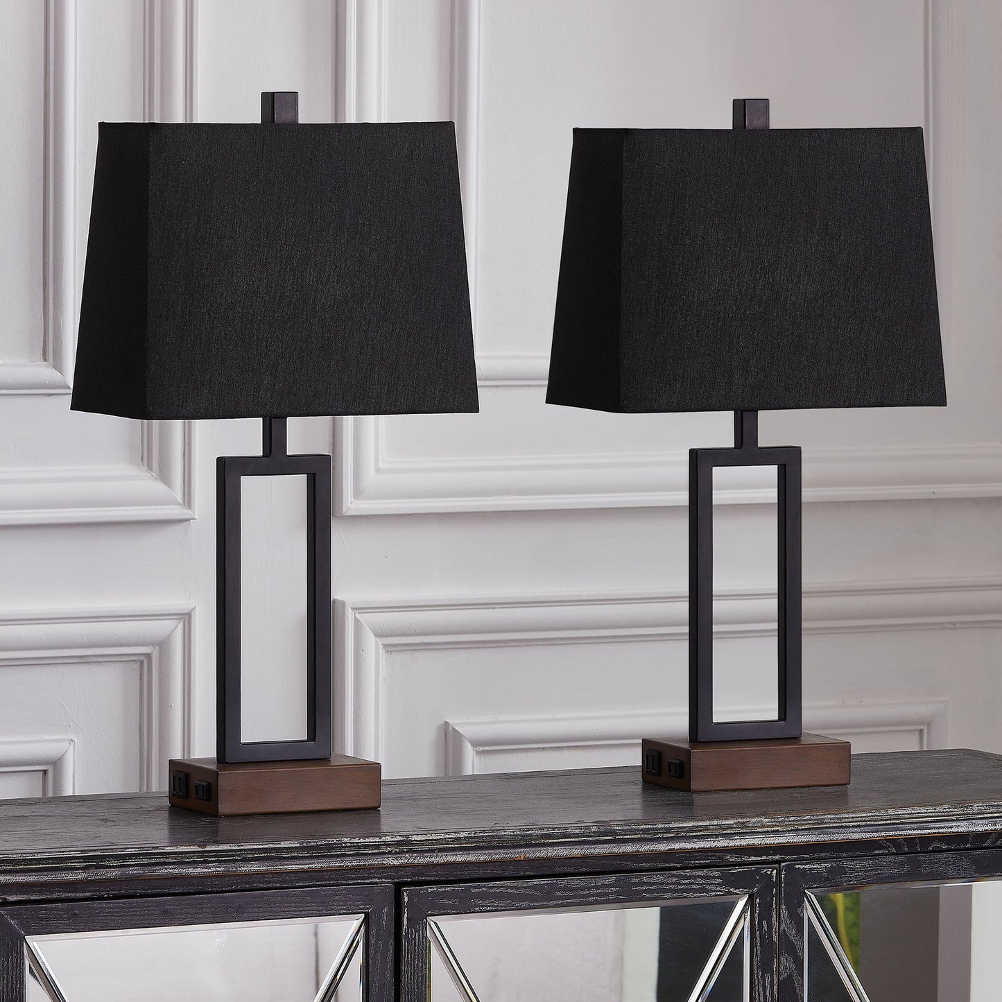 Cinkeda Table Lamp Metal Black AC Outlet USB Ports (Set of 2)
