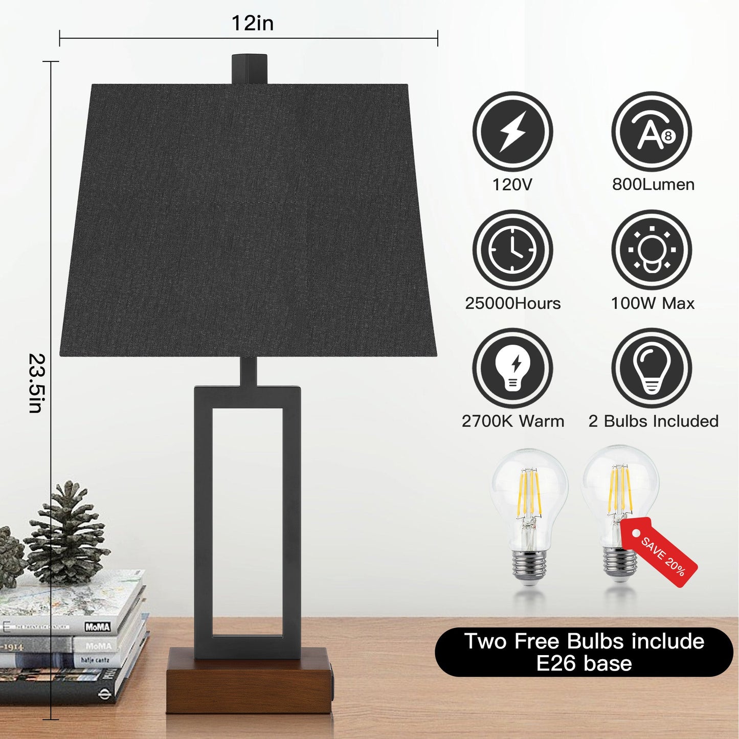 Cinkeda Table Lamp Metal Black AC Outlet USB Ports (Set of 2)