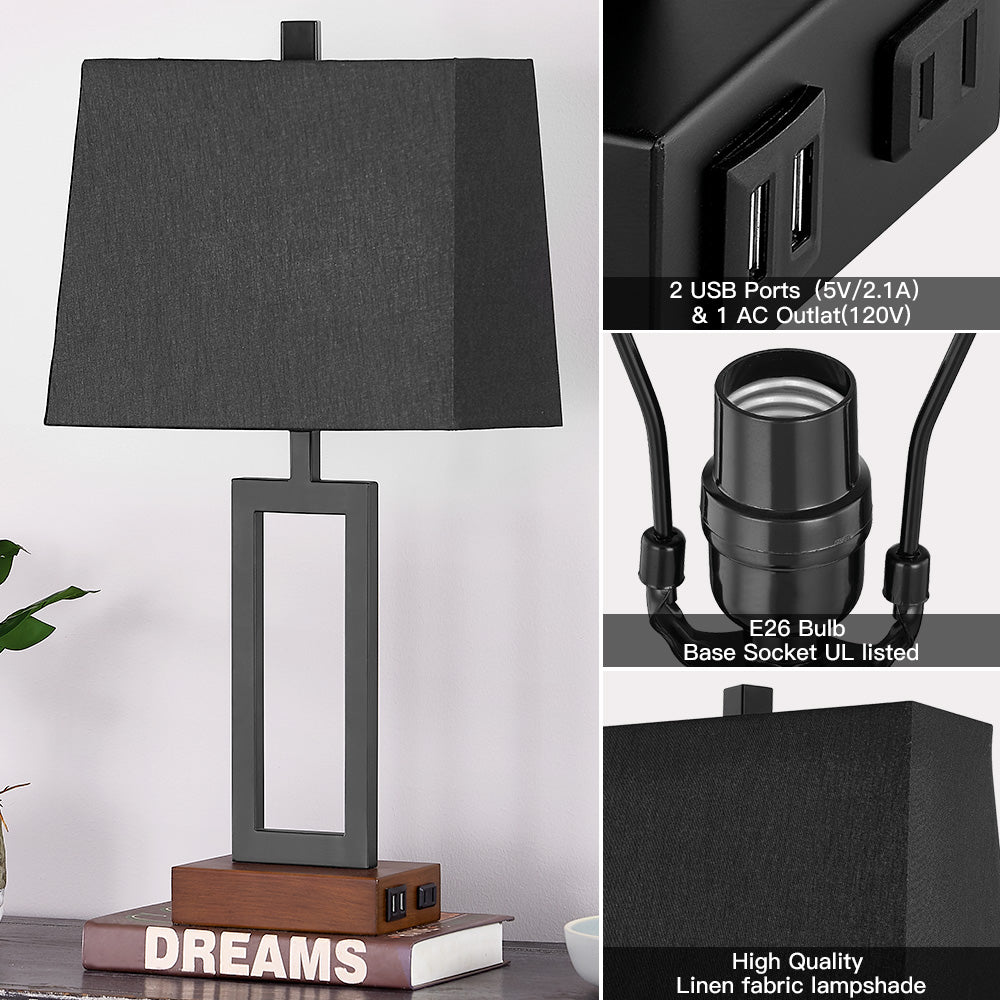 Cinkeda Table Lamp Metal Black AC Outlet USB Ports (Set of 2)