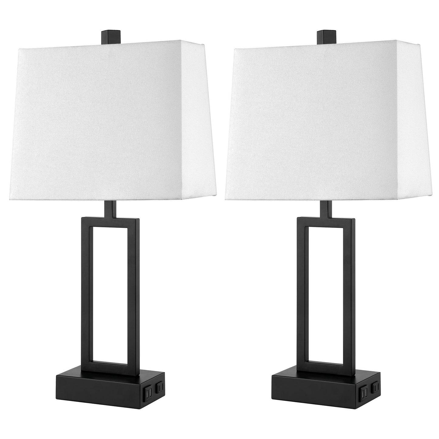 Cinkeda Table Lamp Black Metal Frame White Shade USB Port(Set of 2)
