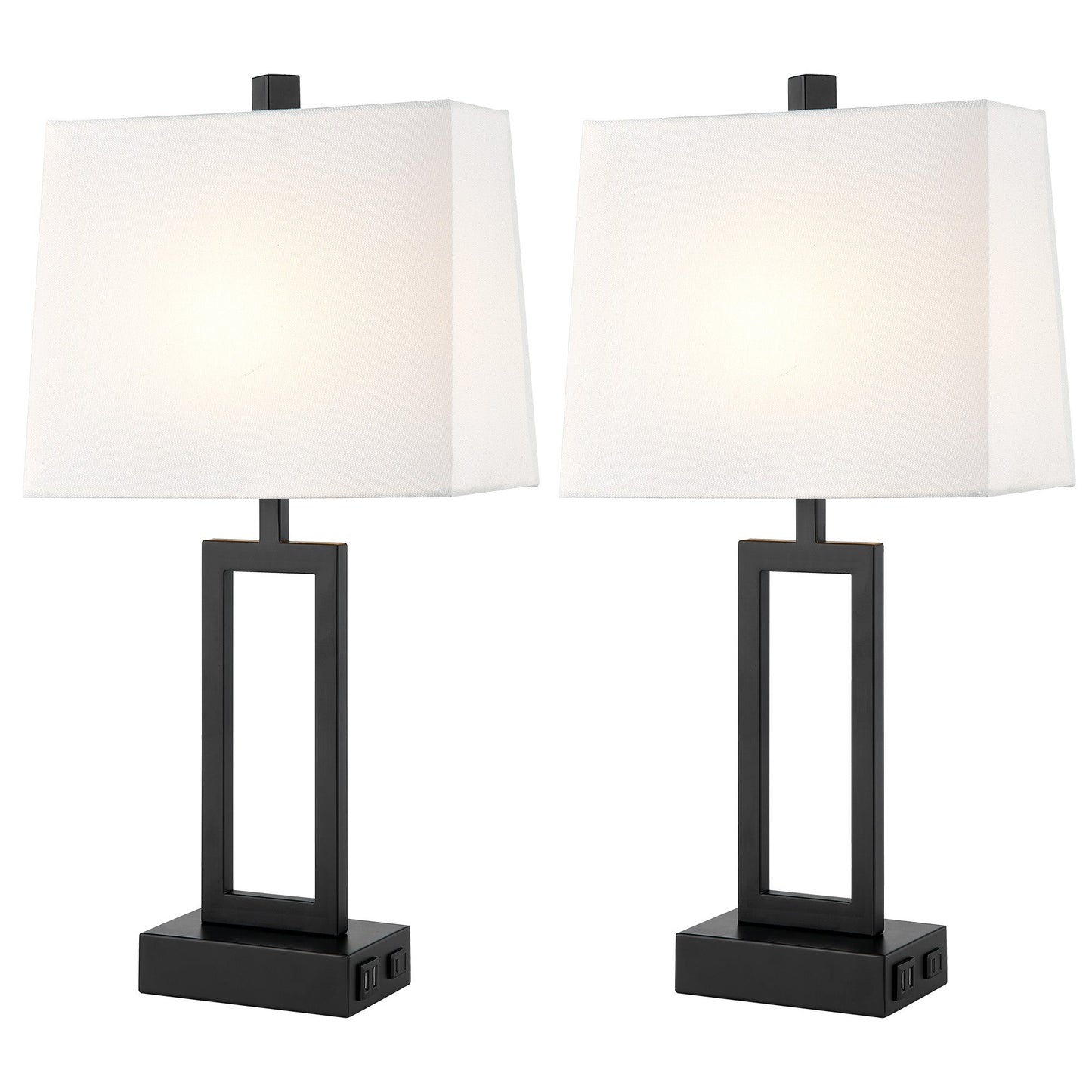 Cinkeda Table Lamp Black Metal Frame White Shade USB Port(Set of 2)