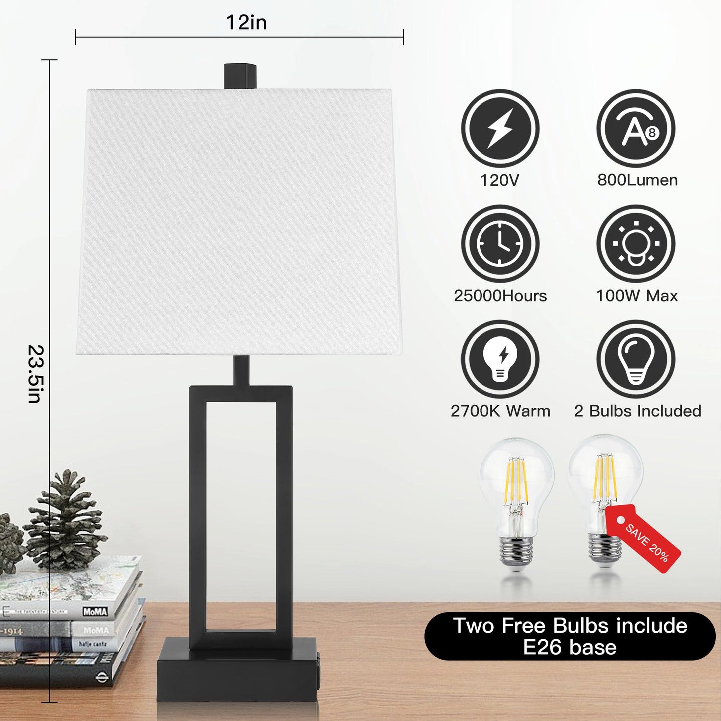 Cinkeda Table Lamp Black Metal Frame White Shade USB Port(Set of 2)