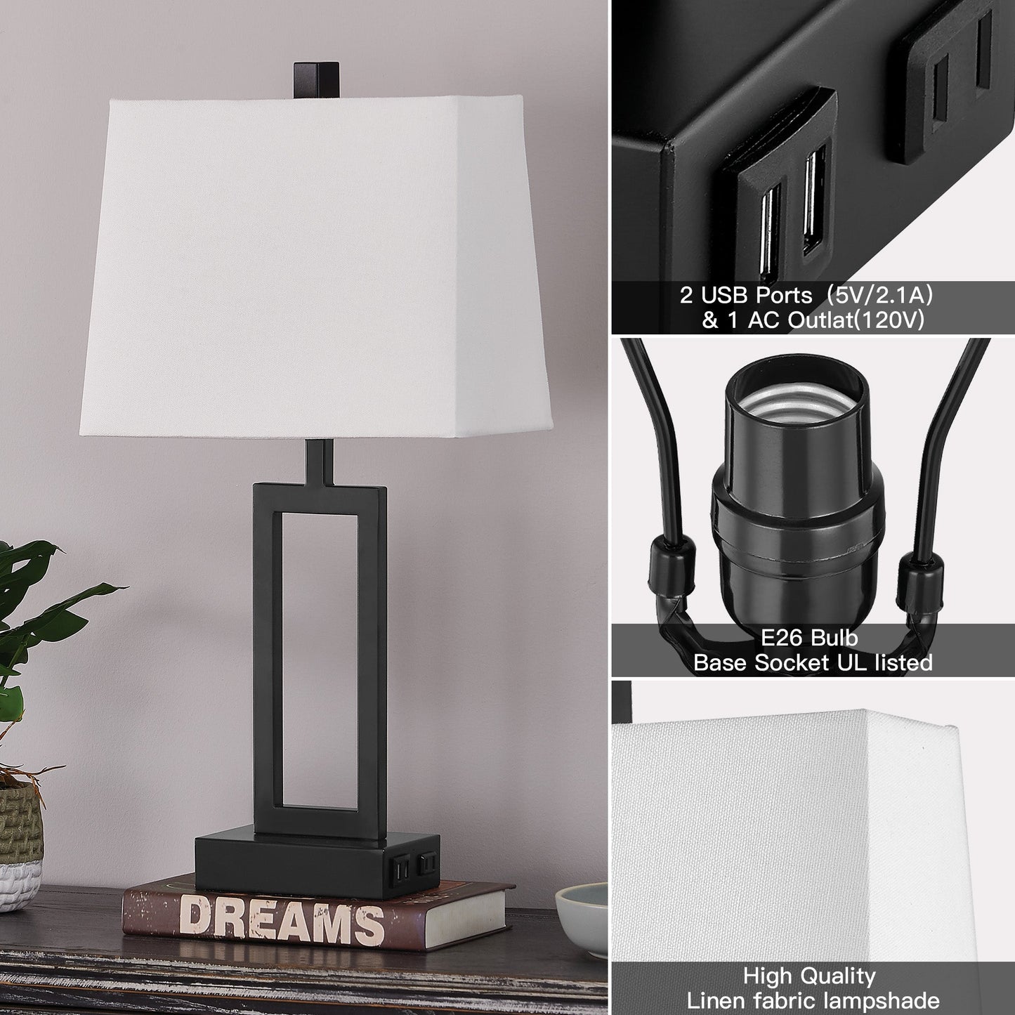 Cinkeda Table Lamp Black Metal Frame White Shade USB Port(Set of 2)