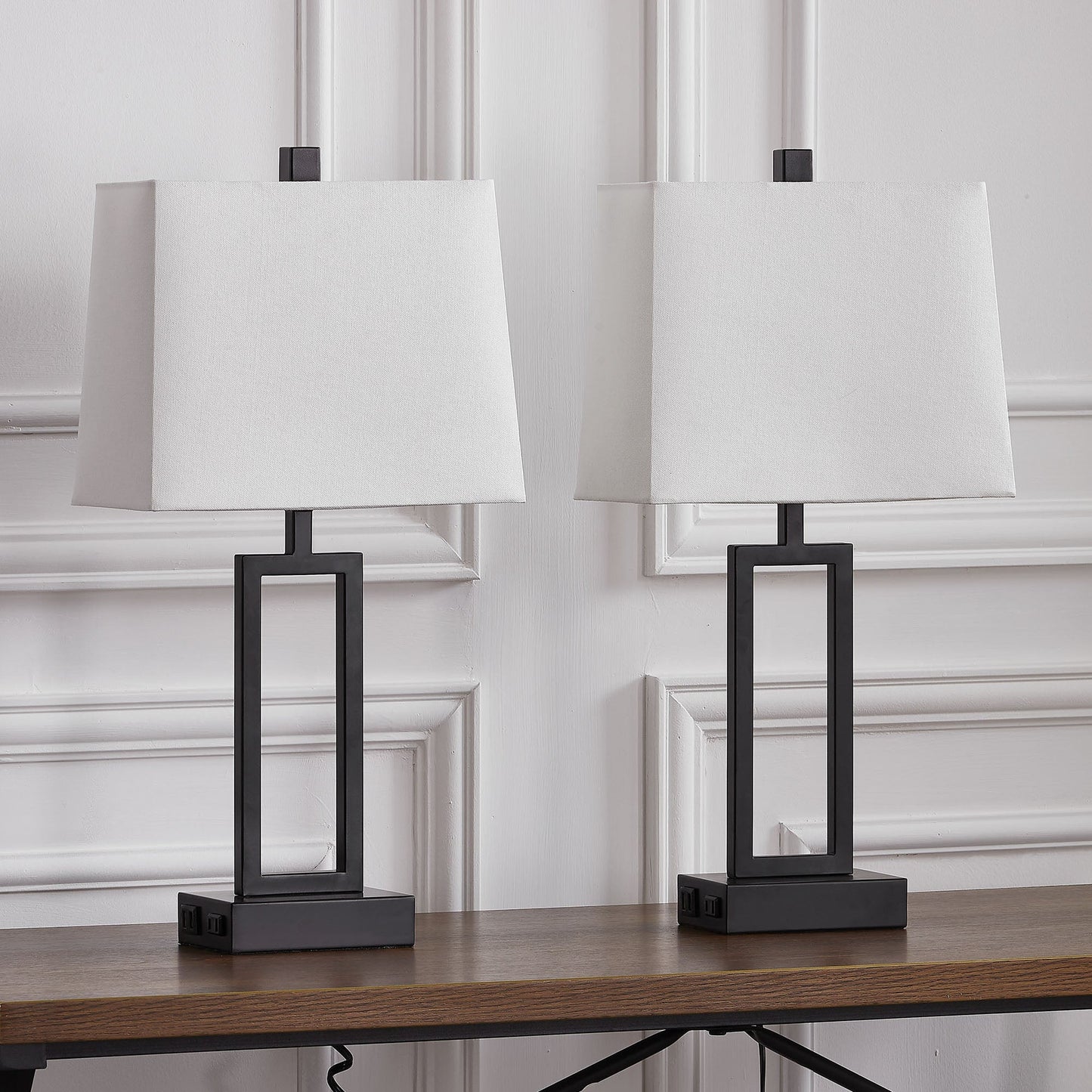 Cinkeda Table Lamp Black Metal Frame White Shade USB Port(Set of 2)