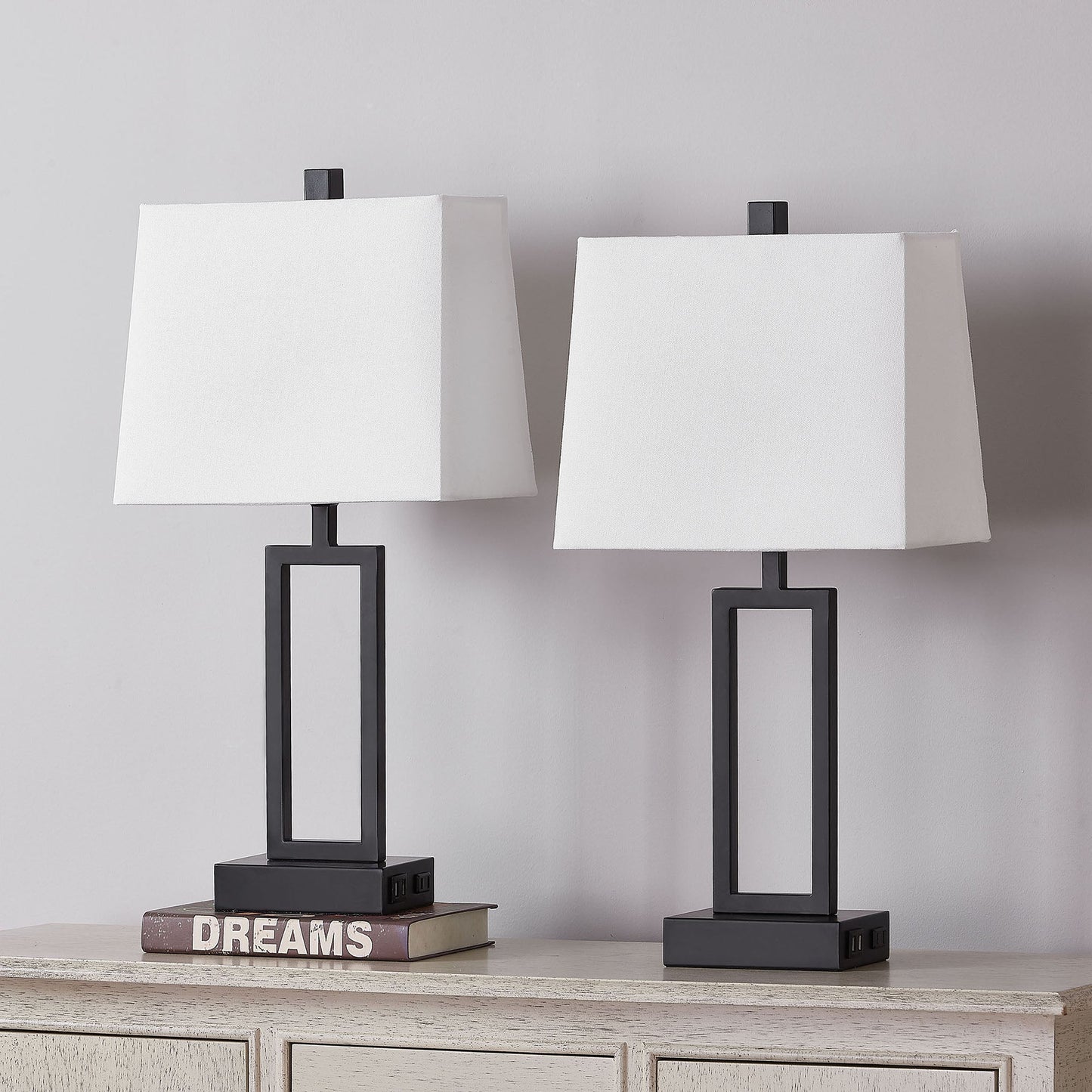 Cinkeda Table Lamp Black Metal Frame White Shade USB Port(Set of 2)