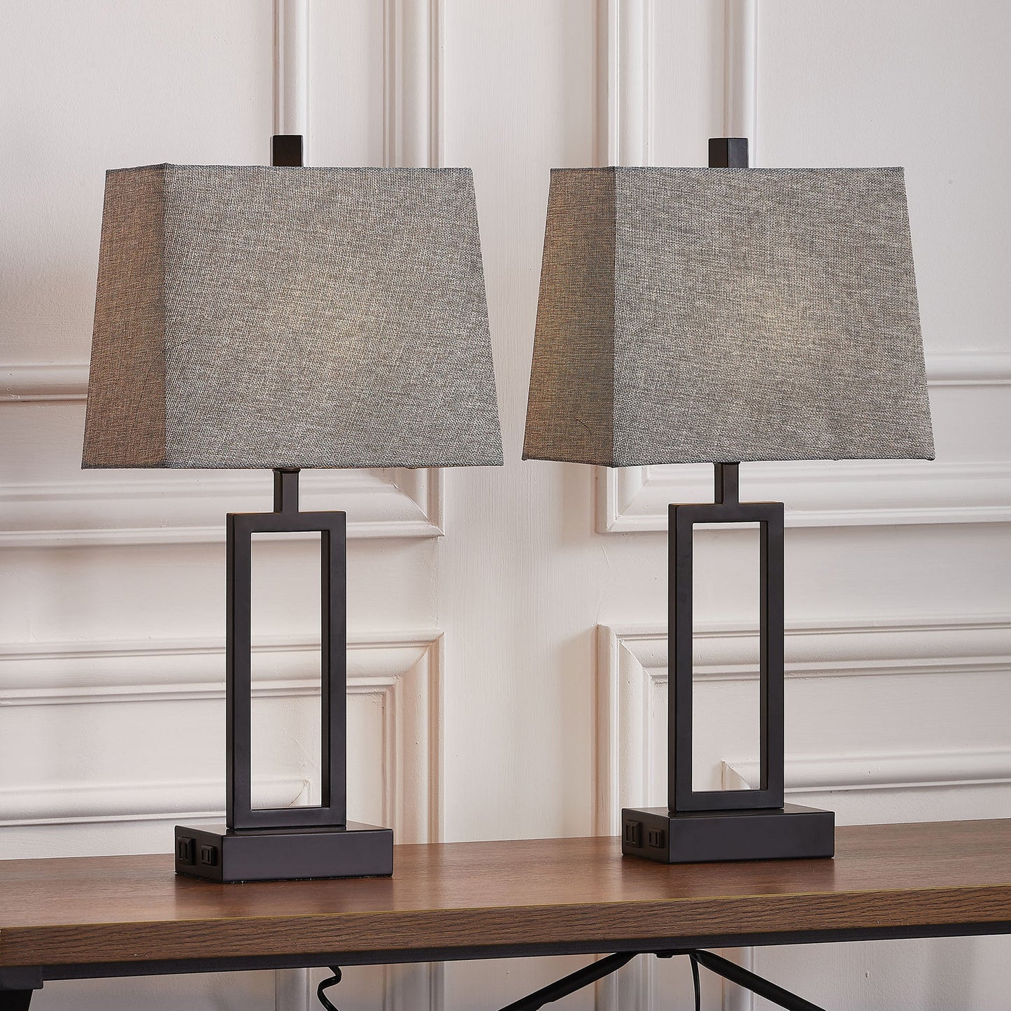 Cinkeda Table Lamp Metal Grey USB Ports Touch Dimming (Set of 2)