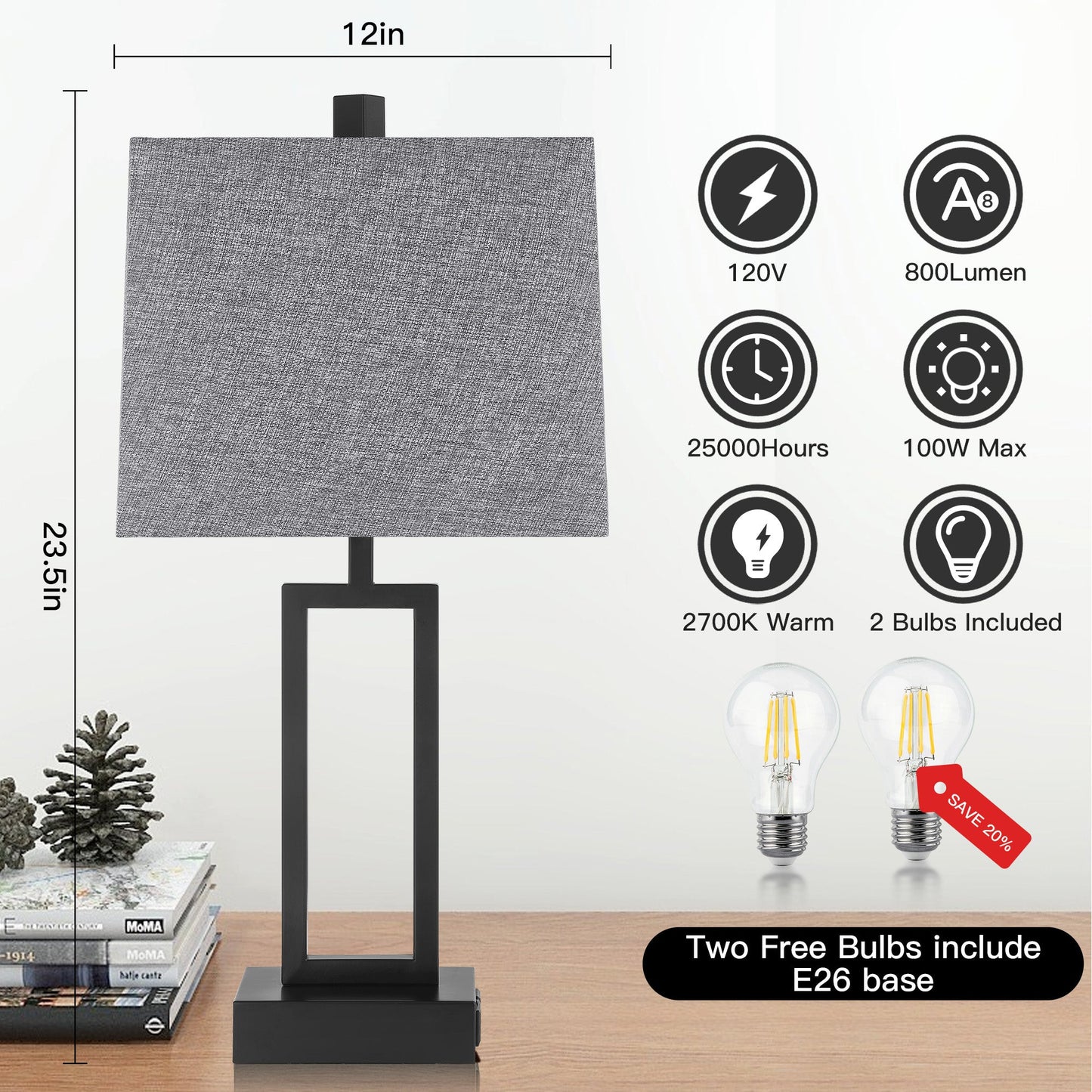 Cinkeda Table Lamp Metal Grey USB Ports Touch Dimming (Set of 2)