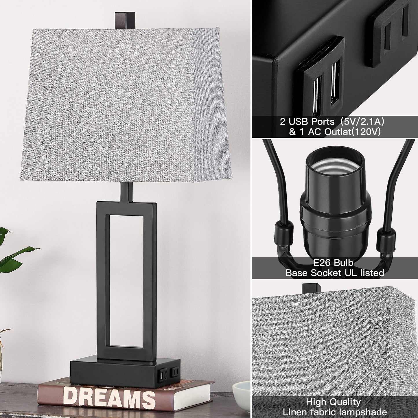 Cinkeda Table Lamp Metal Grey USB Ports Touch Dimming (Set of 2)