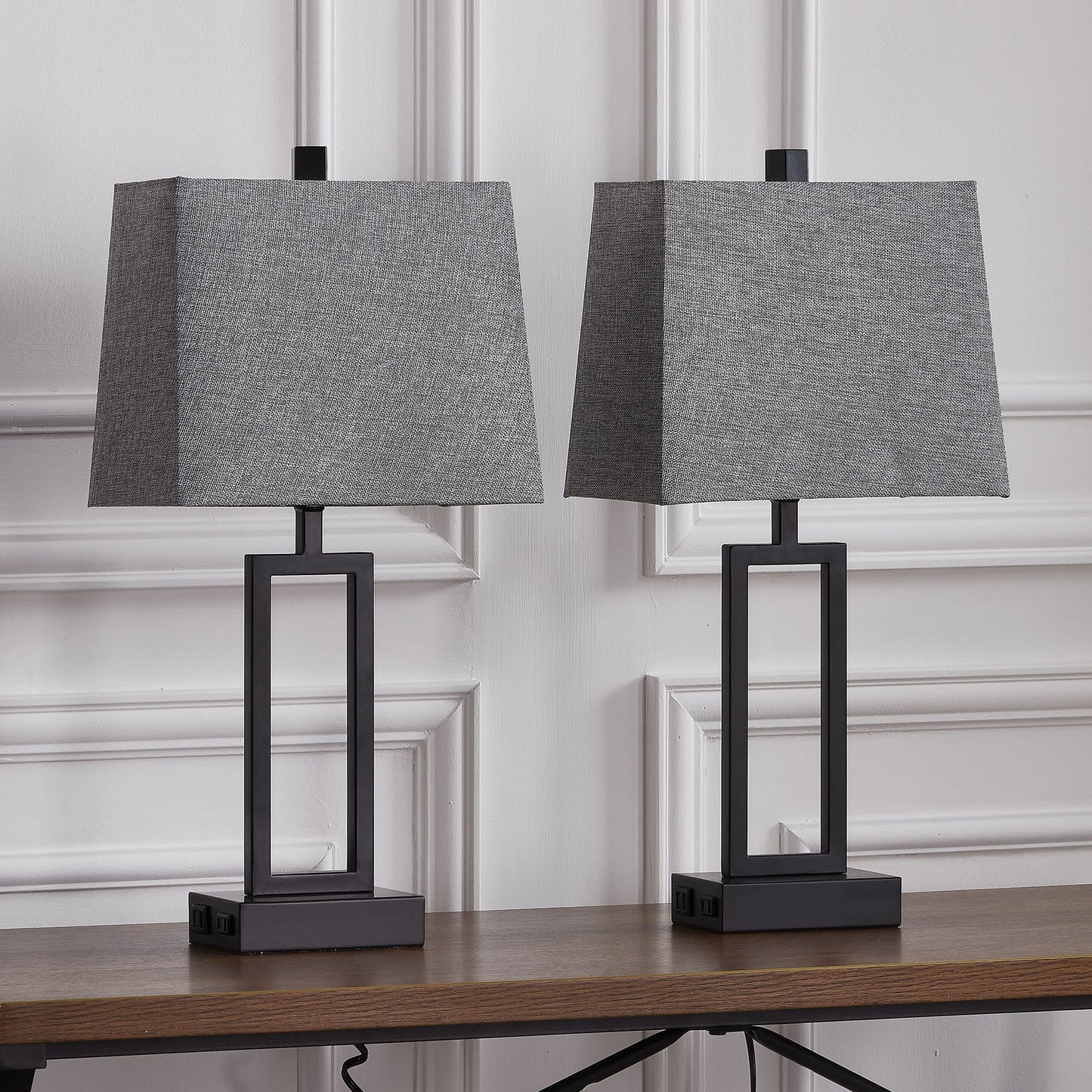 Cinkeda Table Lamp Metal Grey USB Ports Touch Dimming (Set of 2)