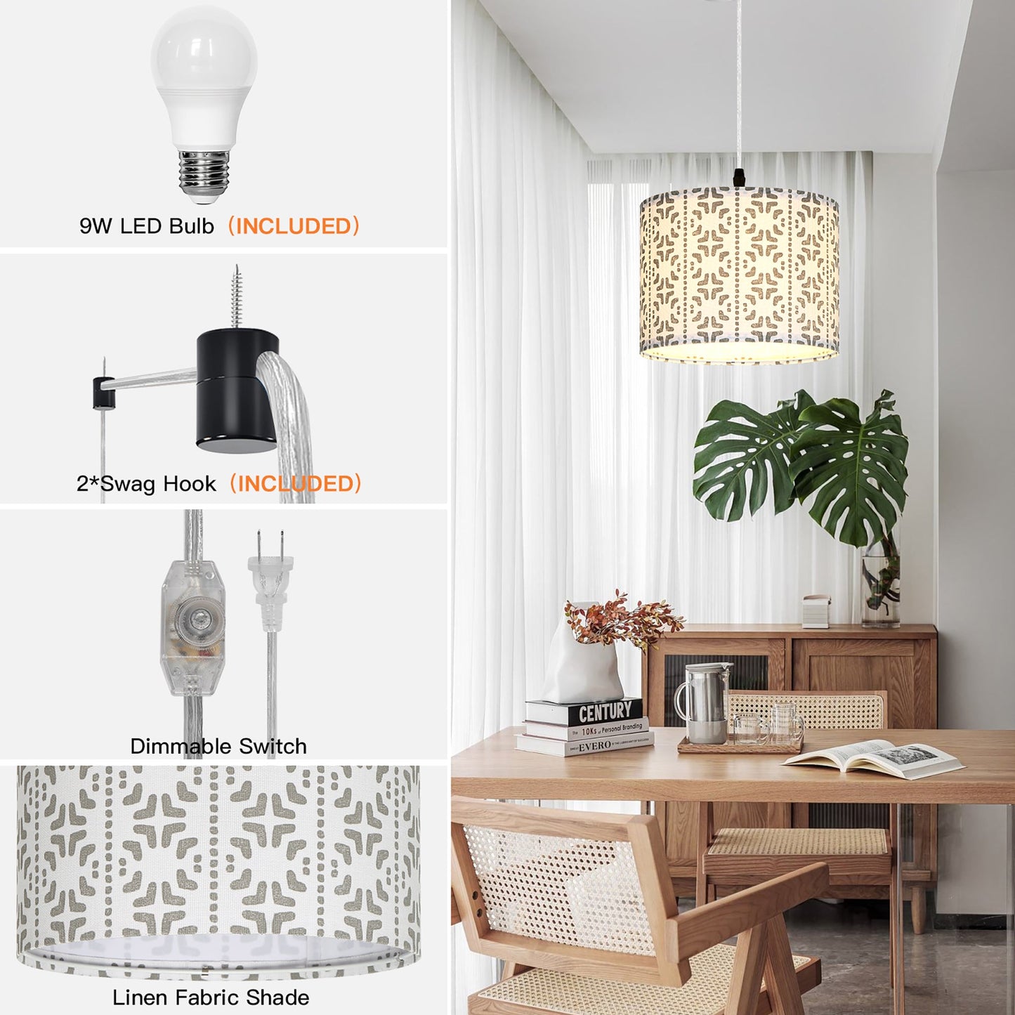 Cinkeda Pendant Light Pattern Shade Rotary Stepless Dimming