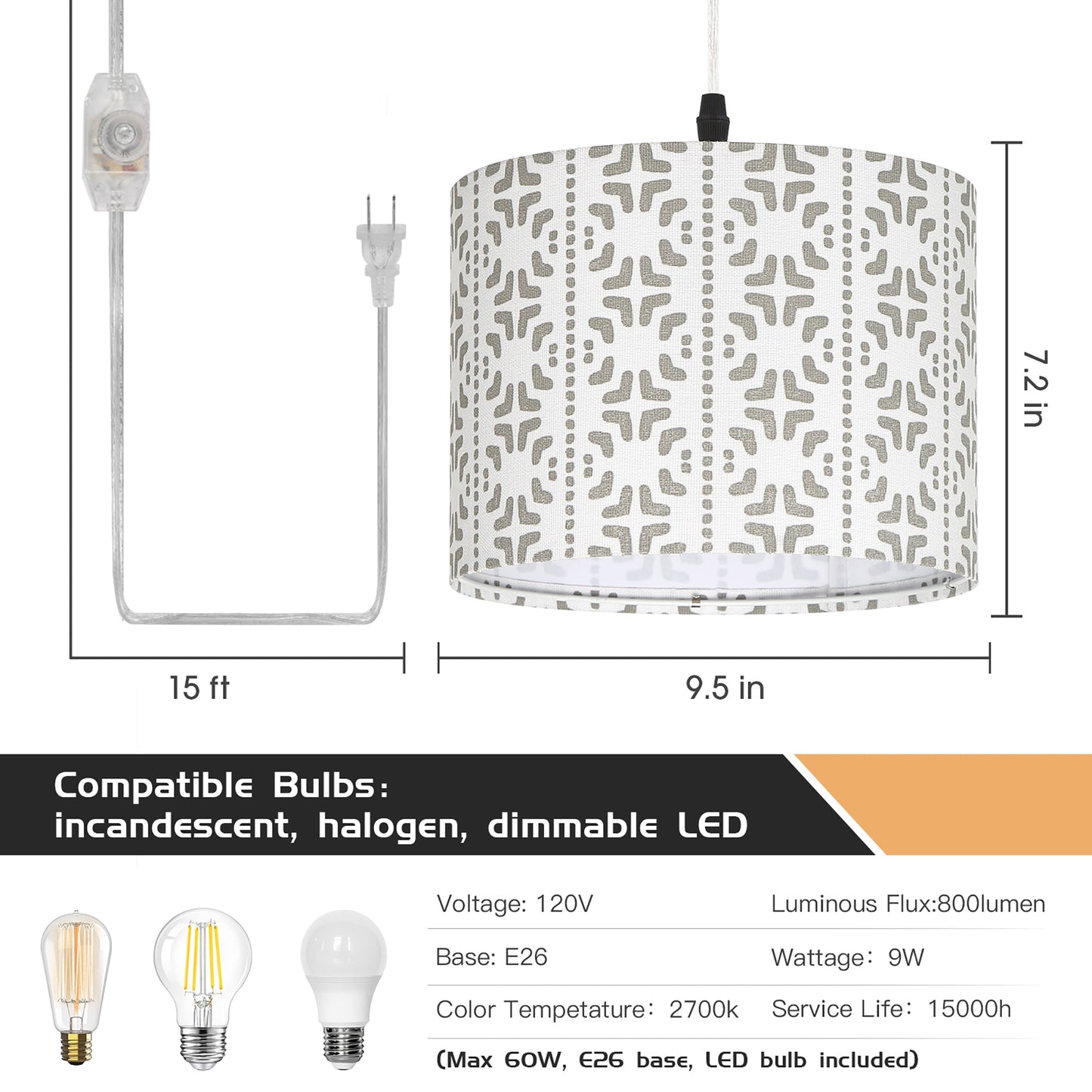 Cinkeda Pendant Light Pattern Shade Rotary Stepless Dimming