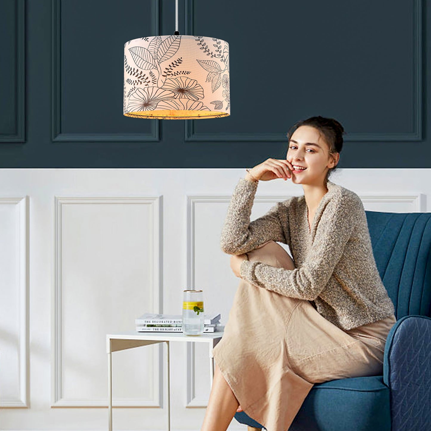 Cinkeda Pendant Light Grey Floral Shade Rotary Switch Stepless Dimming