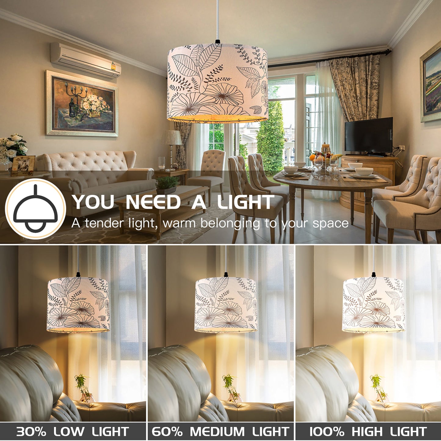 Cinkeda Pendant Light Grey Floral Shade Rotary Switch Stepless Dimming