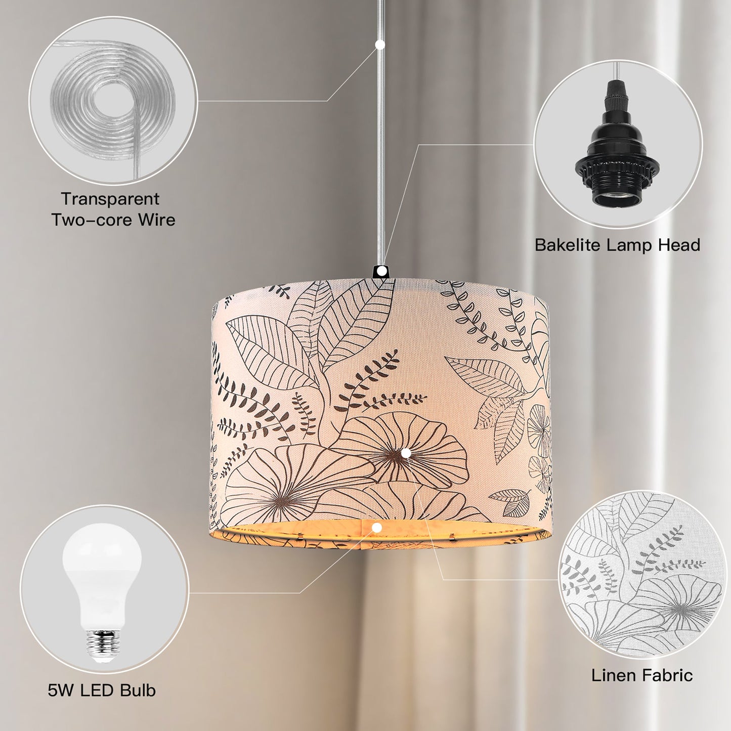 Cinkeda Pendant Light Grey Floral Shade Rotary Switch Stepless Dimming