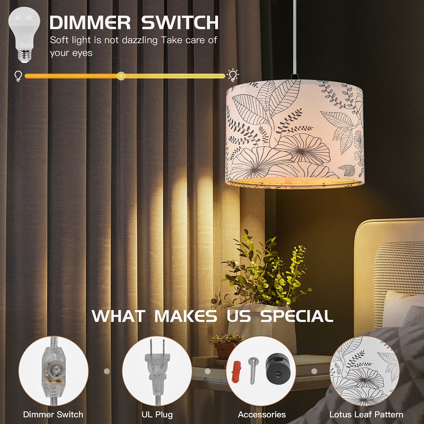 Cinkeda Pendant Light Grey Floral Shade Rotary Switch Stepless Dimming