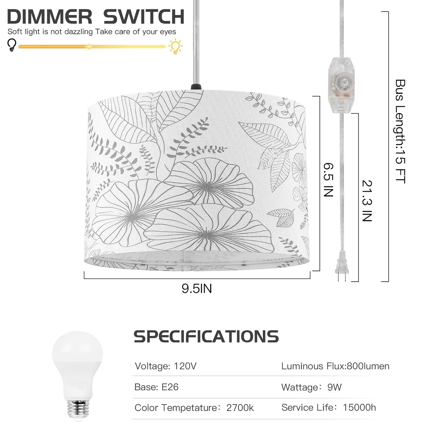 Cinkeda Pendant Light Grey Floral Shade Rotary Switch Stepless Dimming