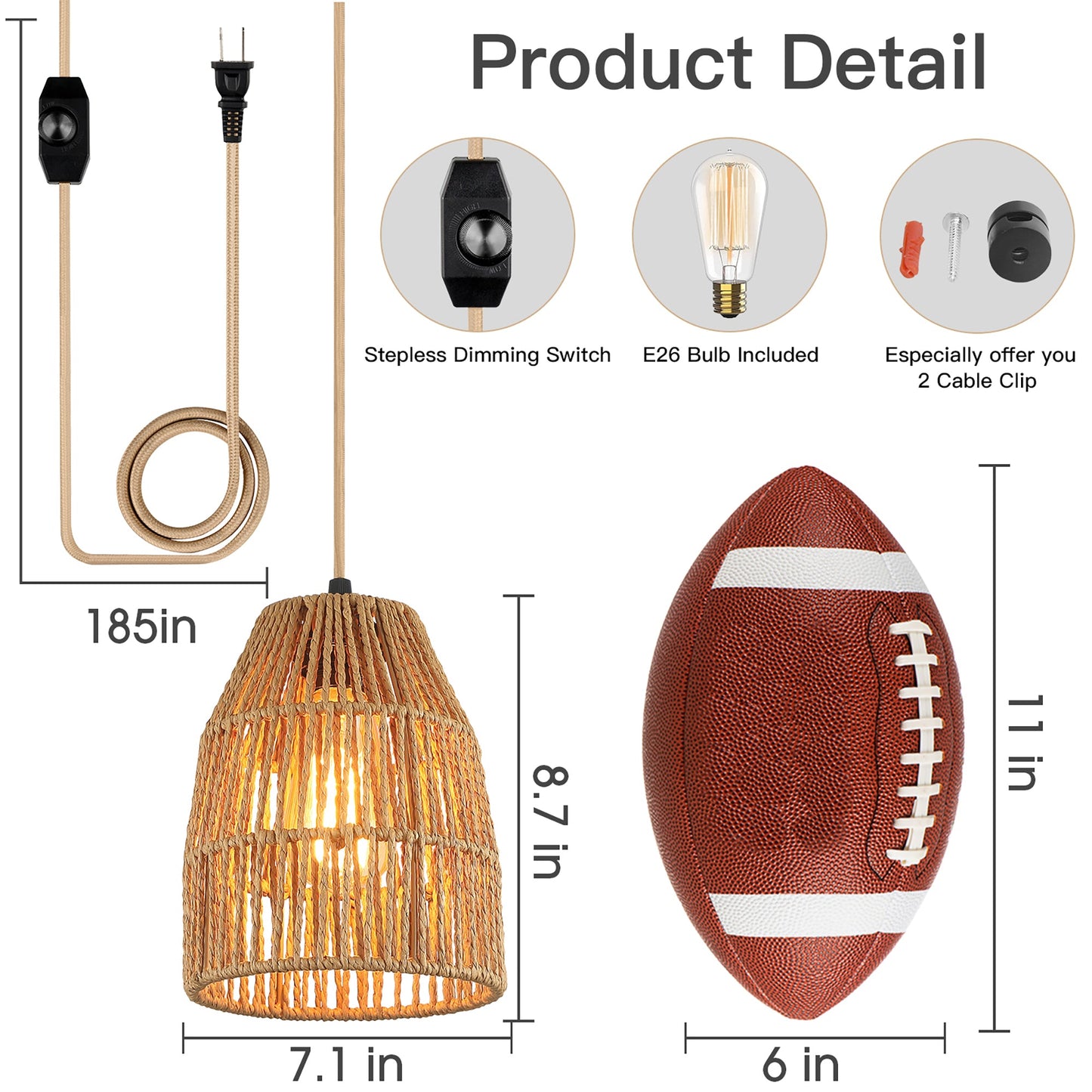 Pendant Light Brown Rattan Hollow Dome Shade Rotary Stepless Dimming