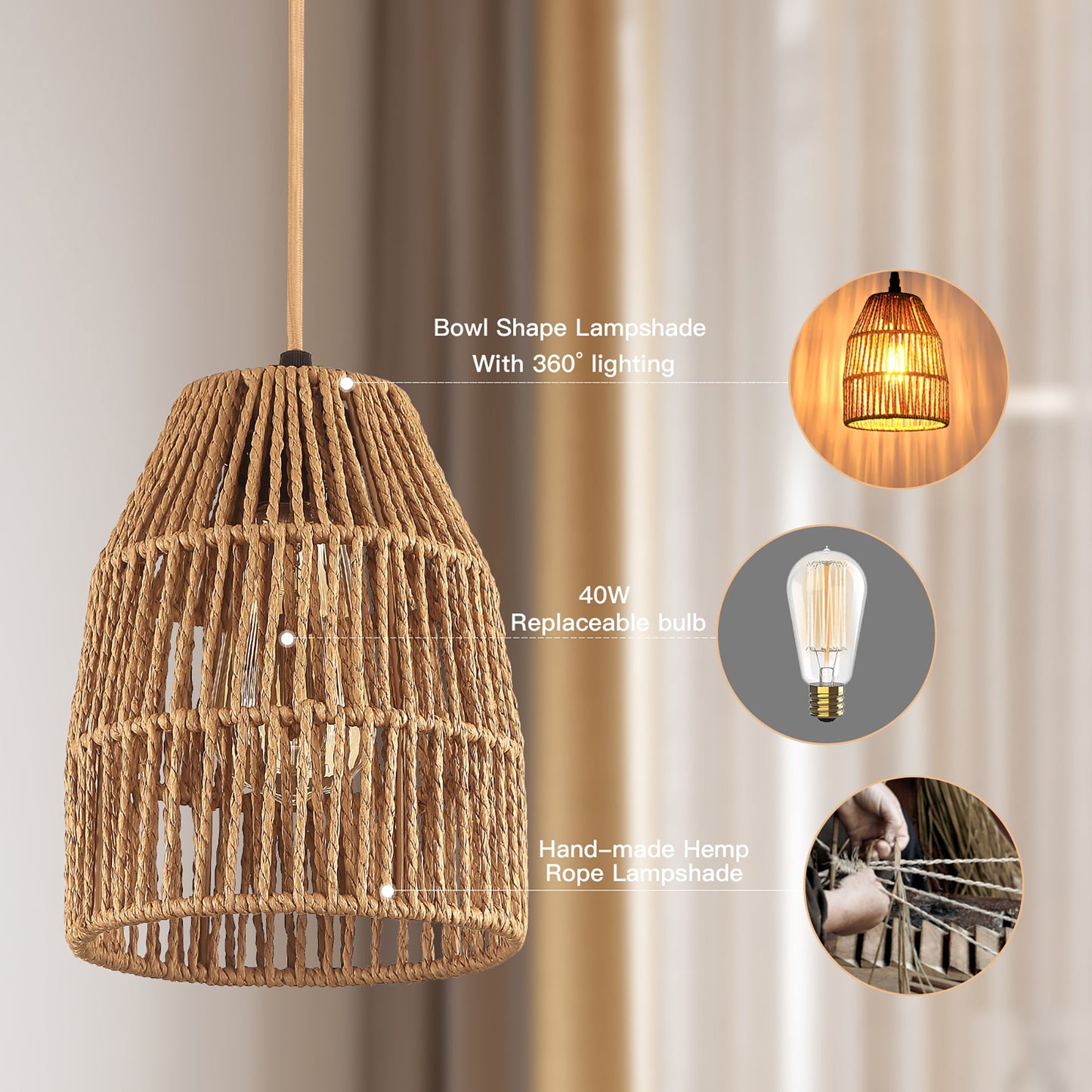Pendant Light Brown Rattan Hollow Dome Shade Rotary Stepless Dimming