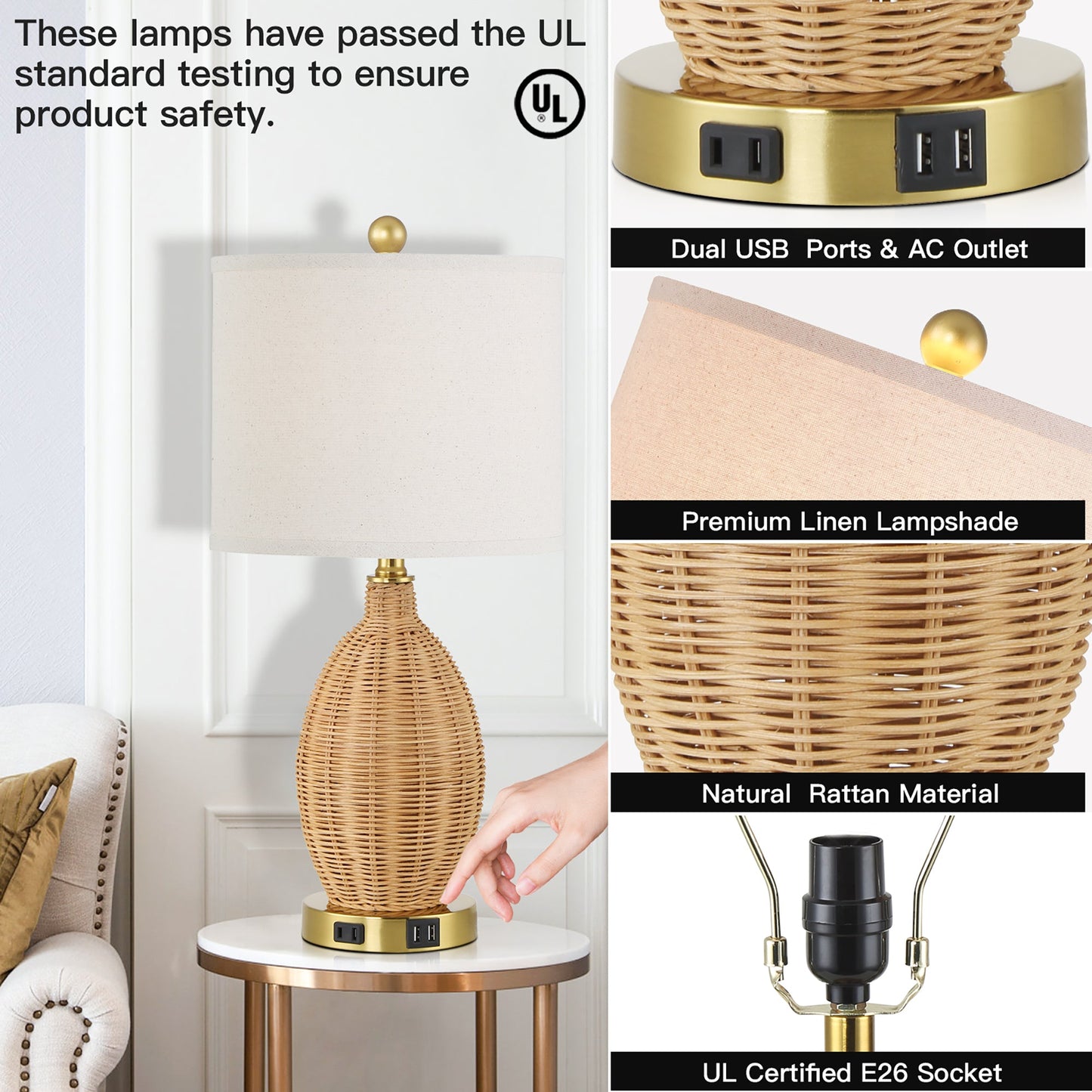 Brown Natural Rattan Table Lamp with Touch Dimmer and USB Port (Set of 2)