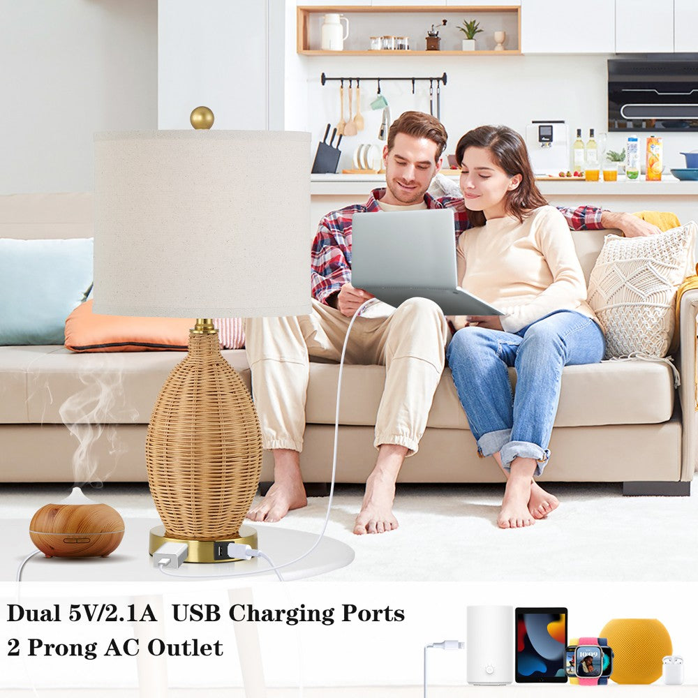 Brown Natural Rattan Table Lamp with Touch Dimmer and USB Port (Set of 2)