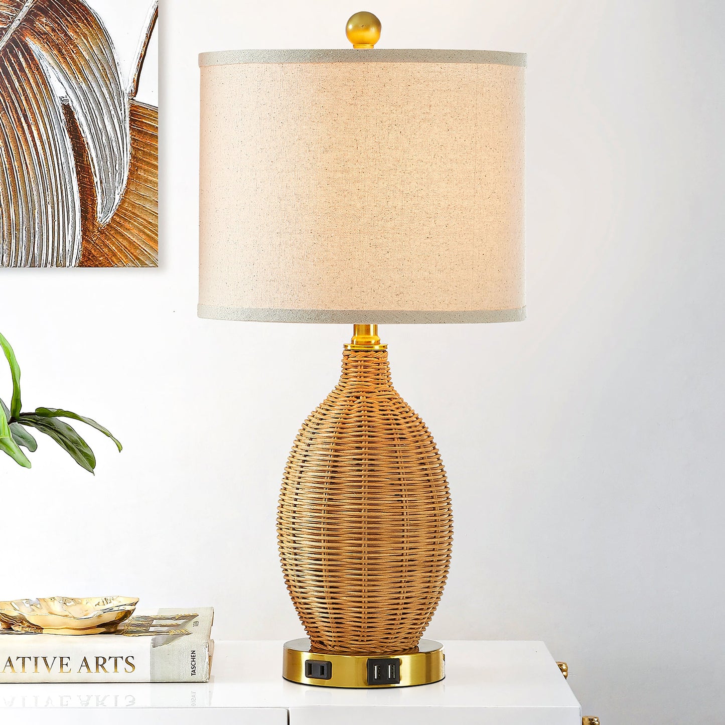 Brown Natural Rattan Table Lamp with Touch Dimmer and USB Port (Set of 2)