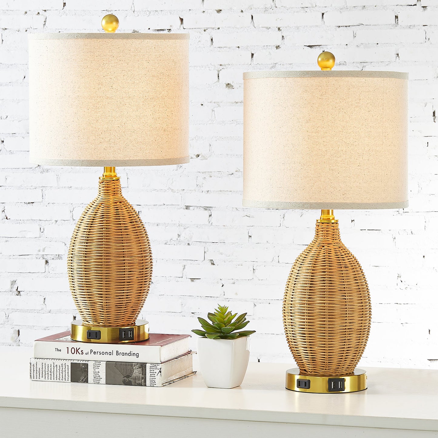 Brown Natural Rattan Table Lamp with Touch Dimmer and USB Port (Set of 2)