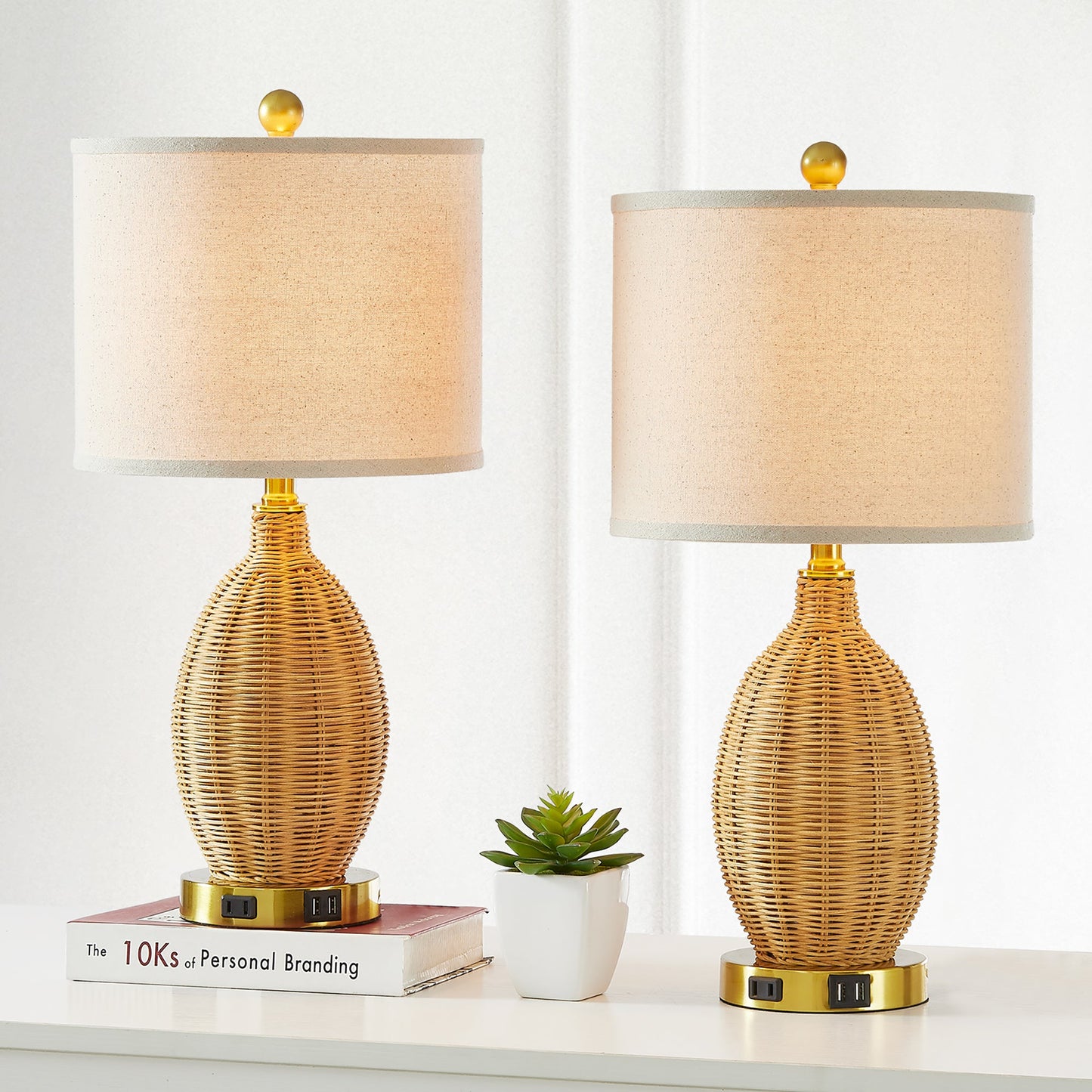 Brown Natural Rattan Table Lamp with Touch Dimmer and USB Port (Set of 2)