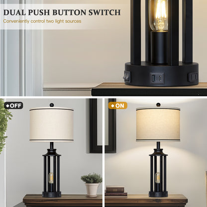 Industrial Farmhouse Table Lamp with Dual Lighting & USB/Type-C Charging Ports(Set of 2)