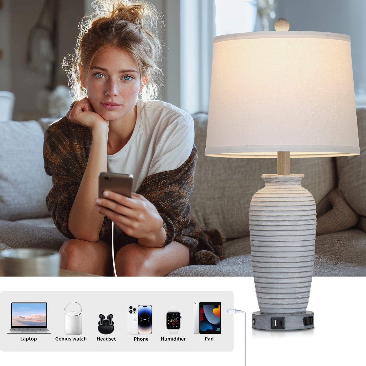Cinkeda 25" Touch Control Table Lamp, Gray-White Resin Jar Body with White Linen Shade, USB-C & AC Outlet, 3-Level Dimmable, Dimmable LED Bulb Included for Bedroom