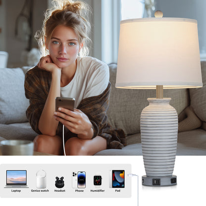 Cinkeda 25" Touch Control Table Lamp, Gray-White Resin Jar Body with White Linen Shade, USB-C & AC Outlet, 3-Level Dimmable, Dimmable LED Bulb Included for Bedroom