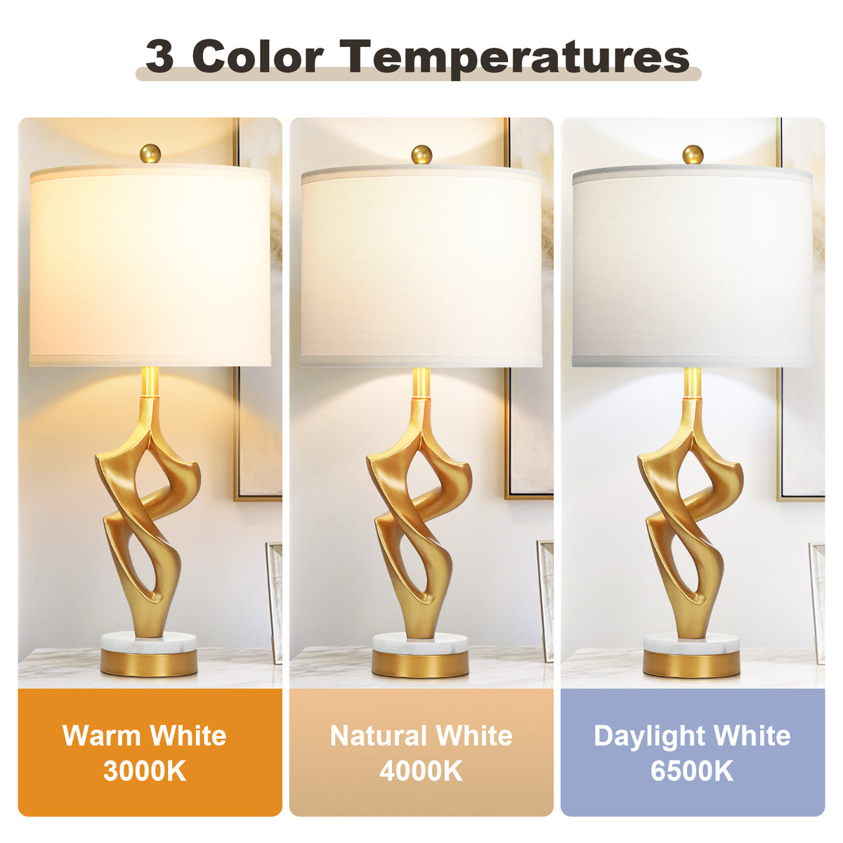 Cinkeda 29" Gold Table Lamp Set of 2, 3-Color Temperature Dimmable Bedside Nightstand Lamps with Marble & Metal Base for Living Room Bedroom, LED Bulbs Included