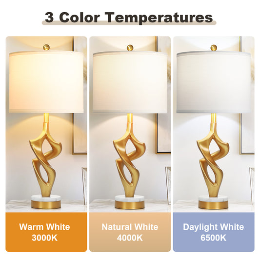 Cinkeda 29" Gold Table Lamp Set of 2, 3-Color Temperature Dimmable Bedside Nightstand Lamps with Marble & Metal Base for Living Room Bedroom, LED Bulbs Included