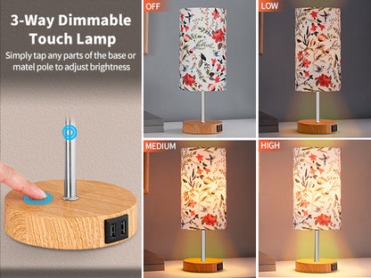 Cinkeda 15" Touch Control Single Small Table Lamp with Dual USB Ports Floral Print Shade 3-Way Dimmable Bedside Nightstand Lamp for Bedroom Living Room (1 Bulb)