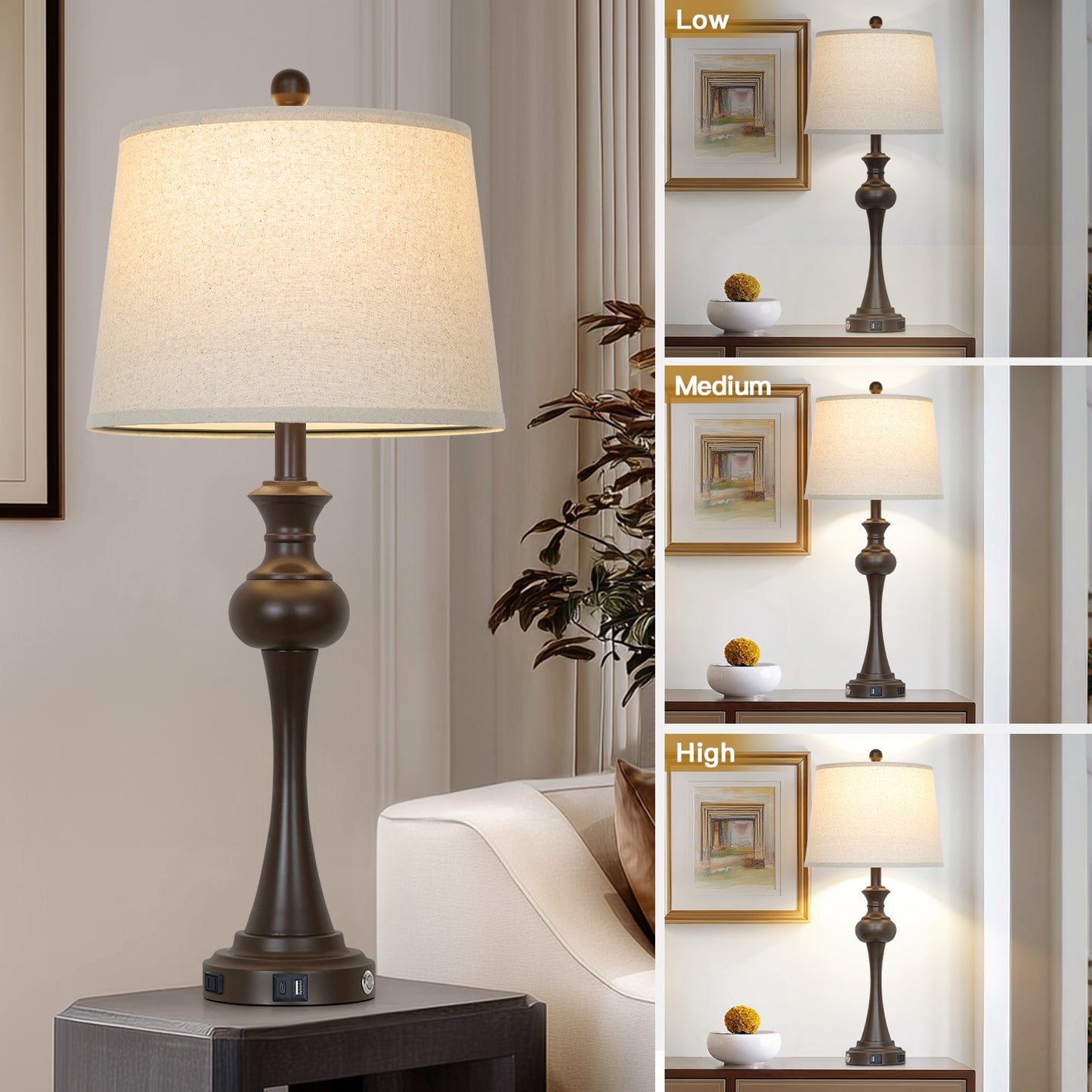 Cinkeda 29" Tall Table Lamps Set of 2 for Living Room Bedroom with USB C+A Ports AC Outlet Modern Brown 3 Way Dimmable Touch Control Nightstand Bedside Lamp