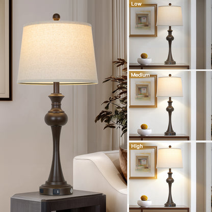 Cinkeda 29" Tall Table Lamps Set of 2 for Living Room Bedroom with USB C+A Ports AC Outlet Modern Brown 3 Way Dimmable Touch Control Nightstand Bedside Lamp