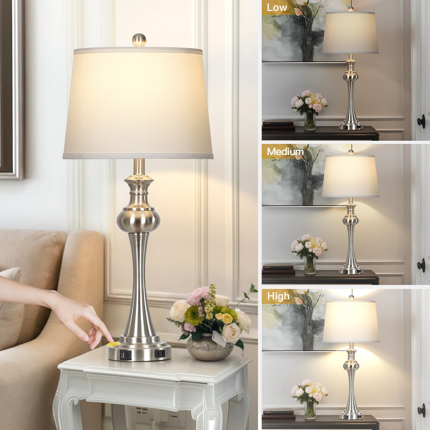Cinkeda Single Table Lamp for Bedroom Living Room 28.75" Modern Silver 3 Way Dimmable Touch Control Nightstand Bedside Lamp with USB C+A Ports AC Outlet