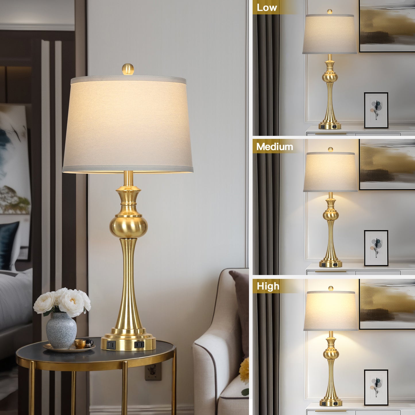 Cinkeda 28.75" Tall Single Table Lamp for Living Room Bedroom with USB C+A Ports AC Outlet Modern Gold 3 Way Dimmable Touch Control Nightstand Bedside Lamp