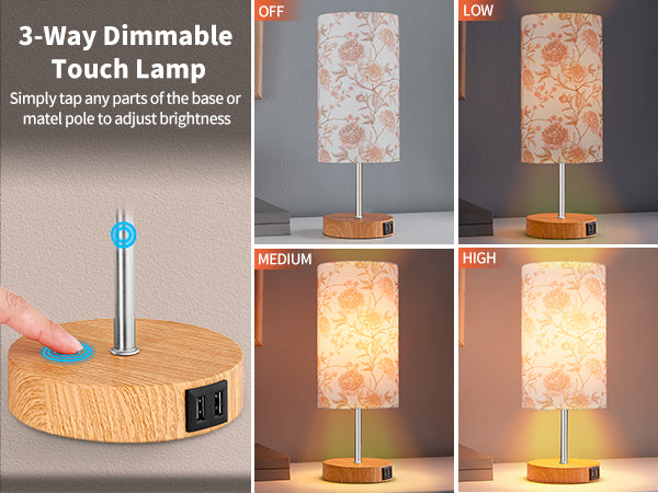 Cinkeda Touch Control Single Small Table Lamp with Dual USB Ports 15" Floral Print 3-Way Dimmable Bedside Nightstand Lamp for Bedroom Living Room (1 Bulb)