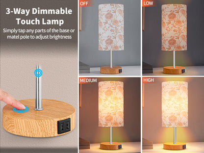 Cinkeda Touch Control Single Small Table Lamp with Dual USB Ports 15" Floral Print 3-Way Dimmable Bedside Nightstand Lamp for Bedroom Living Room (1 Bulb)