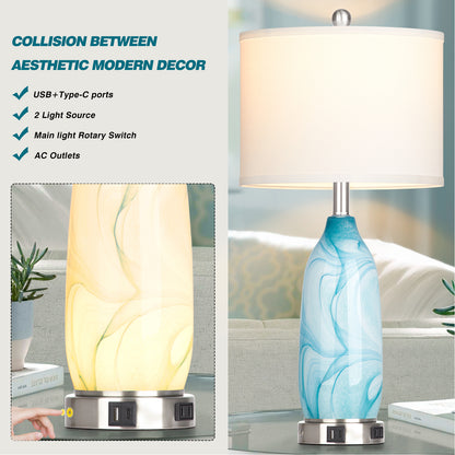 Cinkeda Coastal Glass Table Lamp Set of 2 with Nightlight USB A+C Ports AC Outlet Modern 3 Way Dimmable Touch Control Nautical Blue Nightstand Bedside Lamps for Living Room Bedroom