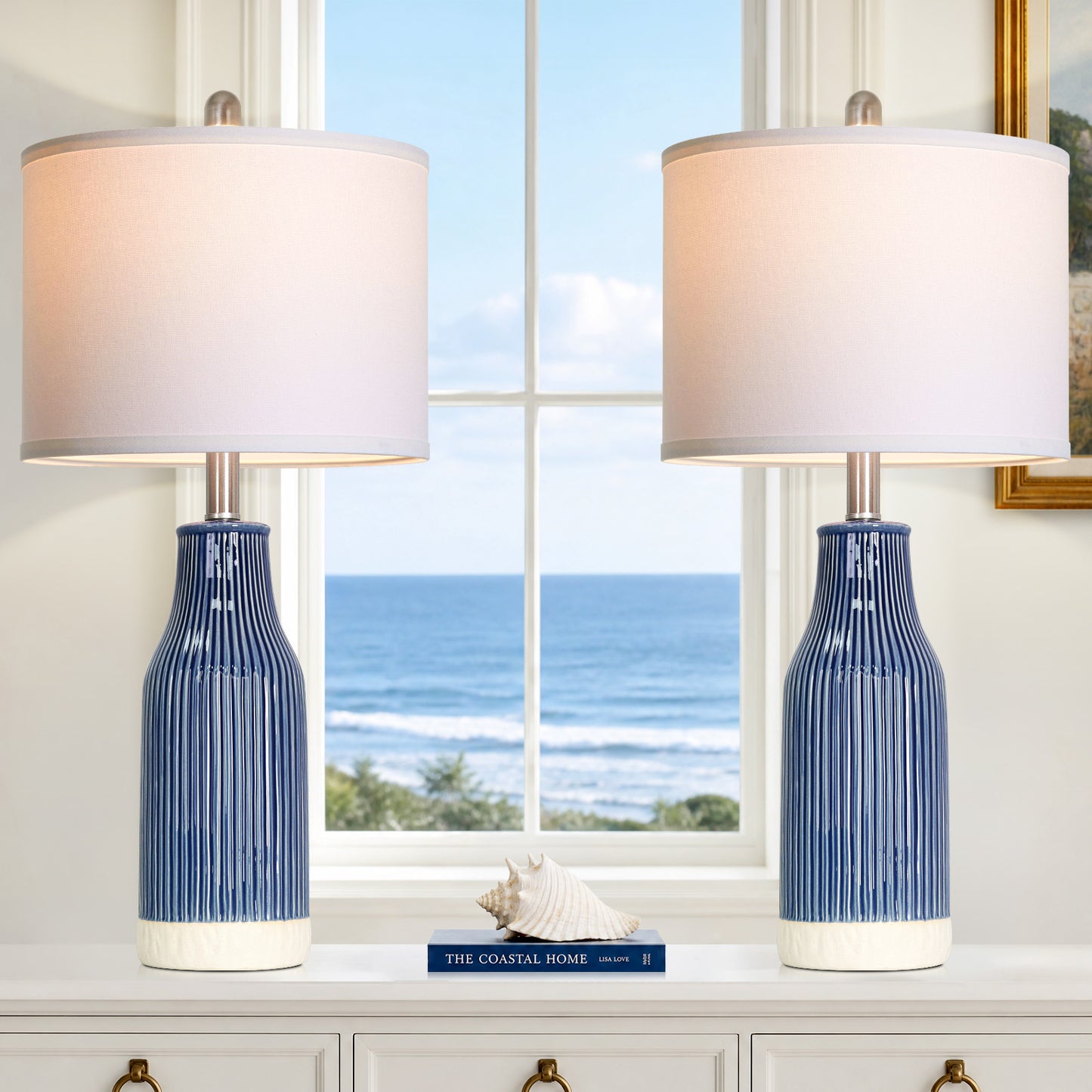 Cinkeda 24.5" Royal Blue Ceramic Table Lamps Set of 2, 2-Level Rotary Switch Bedside Nightstand Lamps with Bottle-Shaped Vertical Ribbed Design & Nickel Base for Living Room