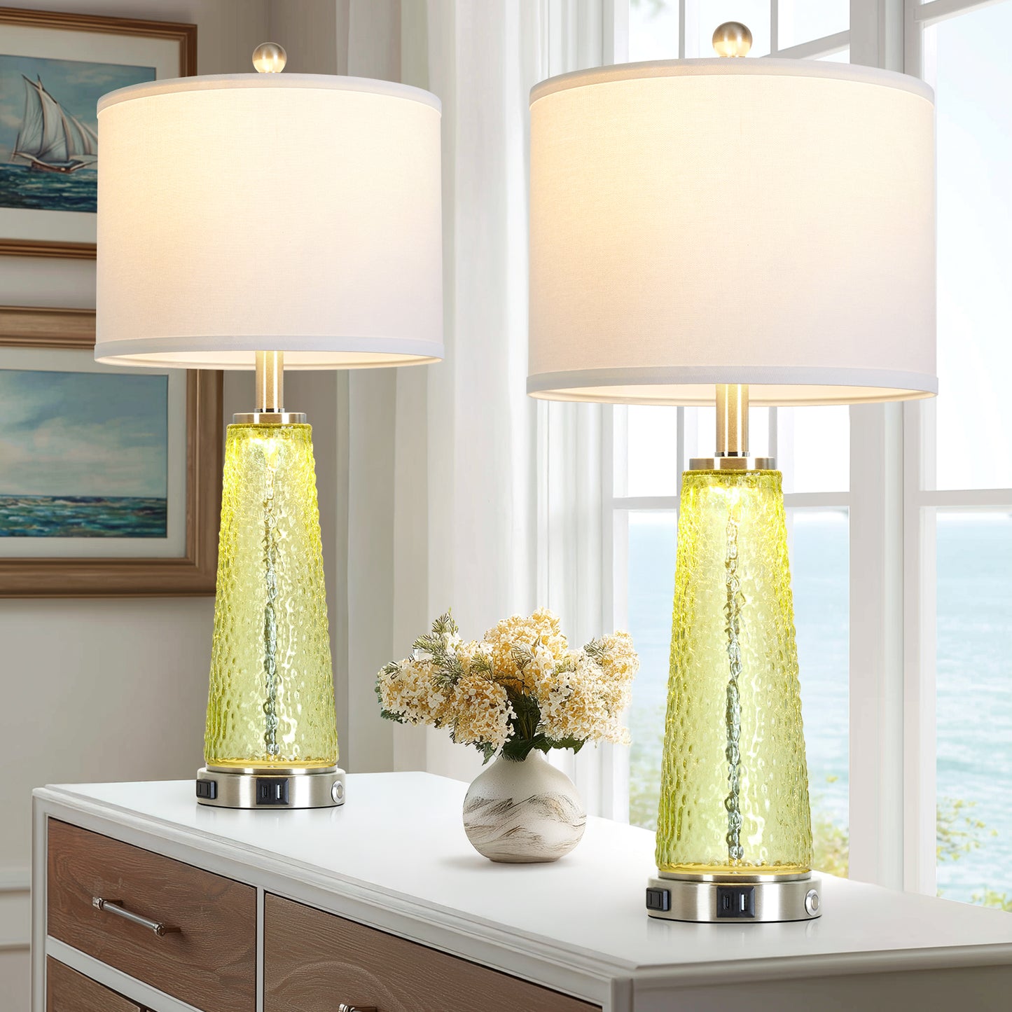 Cinkeda 26" Yellow Speckled Glass Table Lamps Set of 2, Modern Touch Control Table Lamp with USB A+C Charging Ports, Nightstand Lamp for Bedroom Living Room Decor