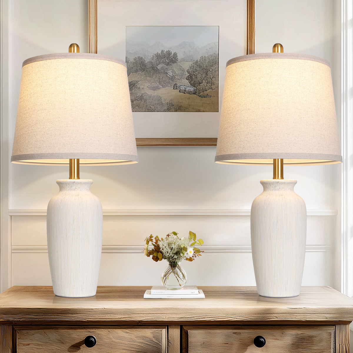 Cinkeda 24.5" Beige Ceramic Table Lamps Set of 2, 2-Level Rotary Switch Bedside Nightstand Lamps with Gold Accents & Slant Shade for Living Room
