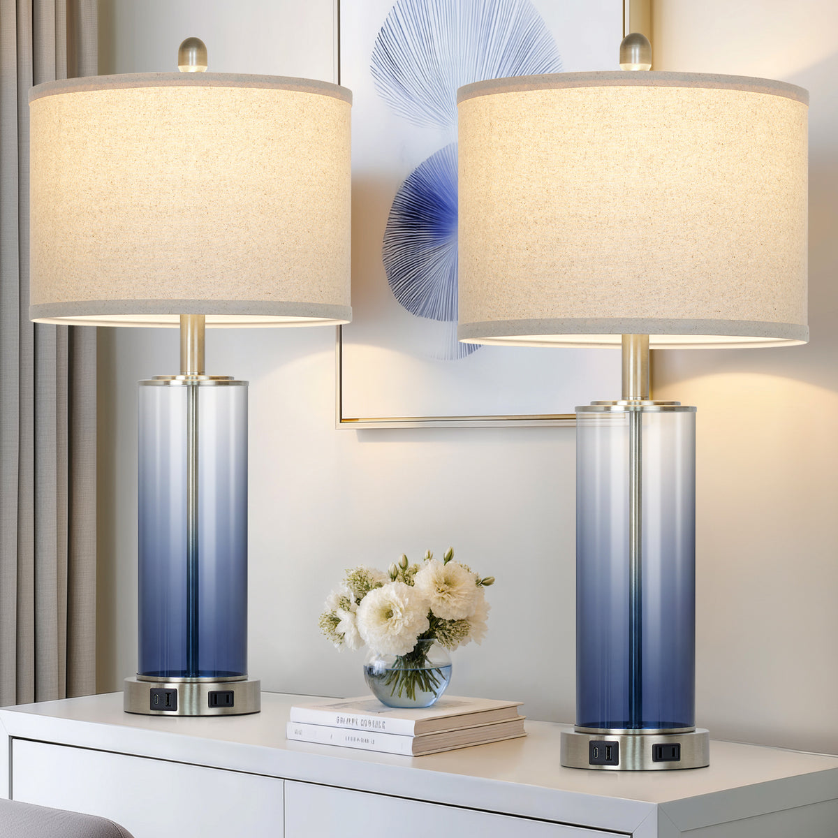 Cinkeda 26" Blue Gradient Glass Table Lamps Set of 2, 3-Level Touch Control Bedside Nightstand Lamps with USB & Type-C Ports, AC Outlet for Living Room
